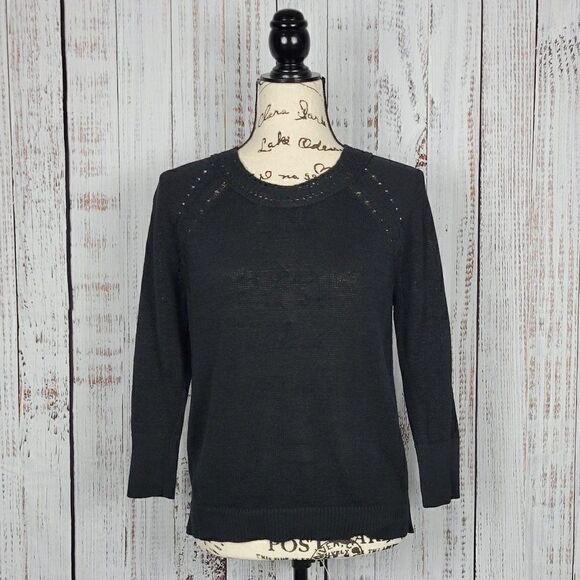 LOFT Sweaters - Loft Medium Black Ramie Knit Crotchet Classic 3/4 Sleeve Crew Neck Sweater
